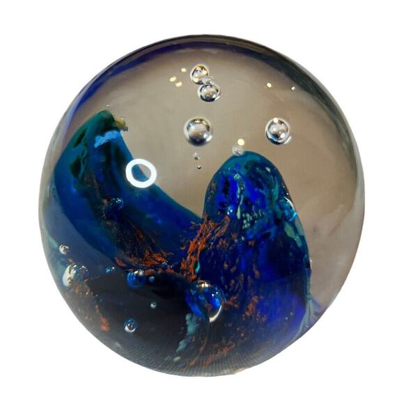 VTG Art Glass Paperweight Colorful Clear with Blue Yellow Orange Waves Oblong - Picture 1 of 9